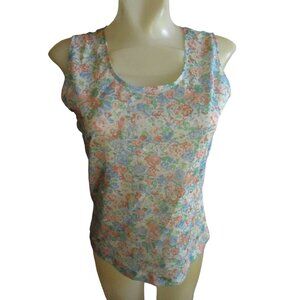 Vintage Women's Tank Top Medium 1970's Sheer Nylon Pink/Blue Flowers Stretch Med